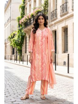 W - Peach Paisley V-Neck Straight Kurta Pant with Dupatta