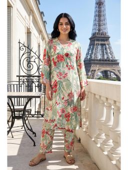 W - Off White Floral V-Neck Straight Kurta & Pant