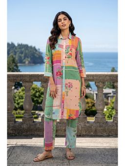 W - Multi-Color Floral Collar Neck Straight Co ord Set