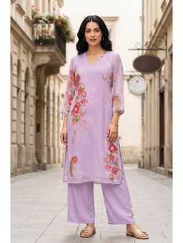 W - Lavender Floral V-Neck Straight Kurta & Pant