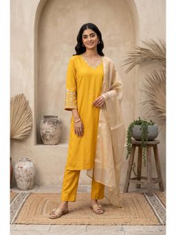 W - Mustard Embroidered V-Neck Straight Kurta Pant with Dupatta