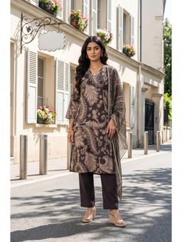 W - Black Paisley V-Neck Straight Kurta Pant with Dupatta