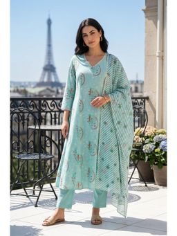 W - Green Floral V-Neck Straight Kurta Pant with Dupatta