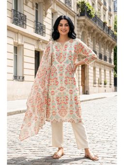 W - Off White Floral V-Neck Straight Kurta Pant with Dupatta