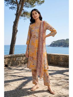 W - Mustard Paisley V-Neck Straight Kurta Pant with Dupatta