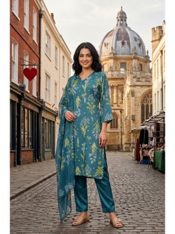 W - Teal Floral V-Neck Straight Kurta Pant with Dupatta