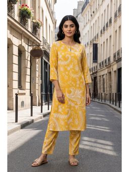 W - Mustard Floral Keyhole Neck Straight Kurta & Pant