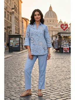 W - Blue Embroidered Collar Neck Straight Co ord Set