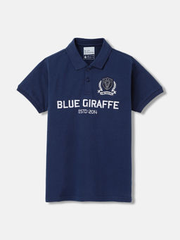 Blue Giraffe - Boys Navy Blue Embroidered Regular Fit Half Sleeves Polo T-Shirt