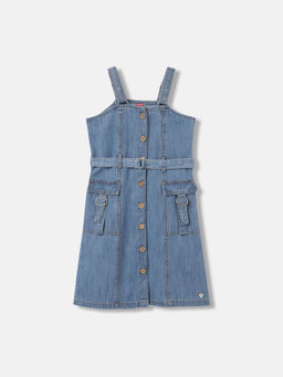 Blue Giraffe - Girls Blue Solid Sleeveless Knee Length Dress with Belt (Set of 2)