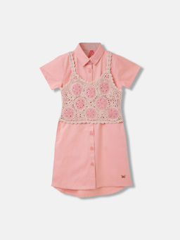 Blue Giraffe - Girls Pink Embroidered Half Sleeves Knee Length Dress with Top (Set of 2)