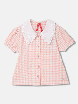 Blue Giraffe - Girls Peach Checks Regular Fit Puff Sleeves Top