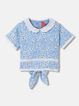 Blue Giraffe - Girls Blue Floral Regular Fit Half Sleeves Top