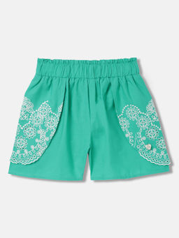 Blue Giraffe - Girls Green Embroidered Regular Fit Mid Waist Shorts