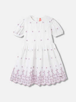 Blue Giraffe - Girls White Embroidered Regular Fit Puff Sleeves Knee Length Dress