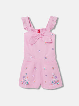 Blue Giraffe - Girls Lavender Embroidered Regular Fit Ruffled Sleeves Playsuit