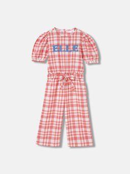 ELLE - Girls Coral Checks Regular Fit Puff Sleeves Jumpsuit with Belt (Set of 2)
