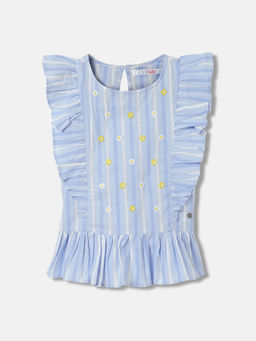ELLE - Girls Blue Stripes Regular Fit Ruffled Sleeves Top