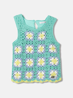 ELLE - Girls Green Self Design Regular Fit Sleeveless Top