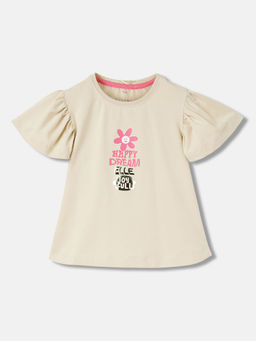 ELLE - Girls Beige Graphic Regular Fit Half Sleeves Top
