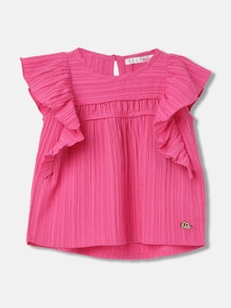 ELLE - Girls Pink Solid Regular Fit Ruffled Sleeves Top