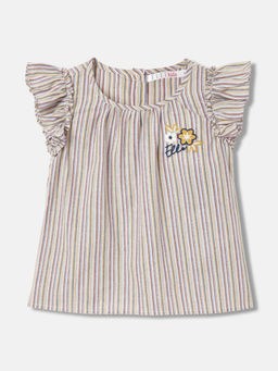 ELLE - Girls Beige Stripes Regular Fit Ruffled Sleeves Top