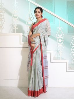 CHARUKRITI - Grey Cotton Saree with Stripes Pattern and Texture Motifs with Unstitched Blouse
