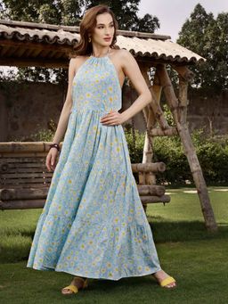 Sera - Blue Printed Fit And Flare Pull On Dress