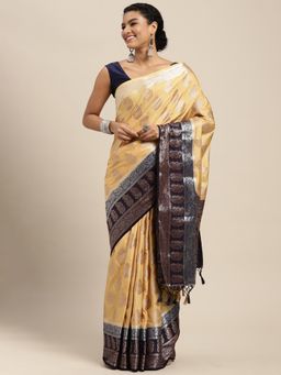 Mimosa - Women's Kanjivaram Art Silk Beige Saree with Unstitched Blouse