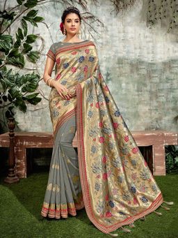 Odette - Grey Weaved Silk Designer Saree with Unstitched Blouse