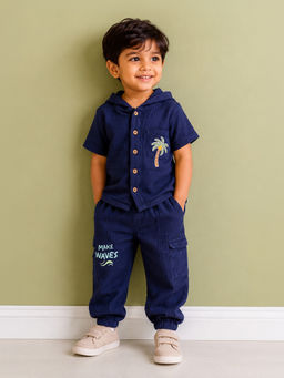 Mi Arcus - Cotton Solid Hooded Shirt and Joggers- Navy Blue
