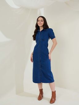 StyleStone - Women Denim Solid Puff Sleeves Midi Dress- Blue