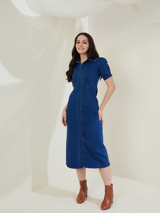 stylestone denim dress Buy StyleStone Women Denim Solid Puff Sleeves Midi Dress- Blue (S) Online
