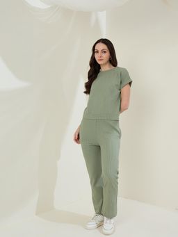 StyleStone - Women Ribbed Cotton Co-Ord Set- Olive