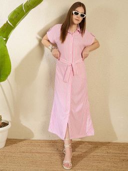 StyleStone - Women Striped Printed Maxi Dress with Belt- Pink