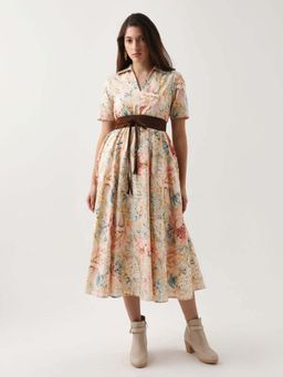 RAREISM - Women Cotton Floral Printed Fit and Flare Dress- Multi-Color