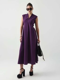 RAREISM - Women Cotton Blend Plain Fit and Flare Dress- Purple