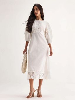 RAREISM - Women Cotton Blend Self Design Dress- Off White