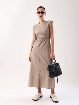 RAREISM - Women Cotton Blend Plain Straight Dress- Beige