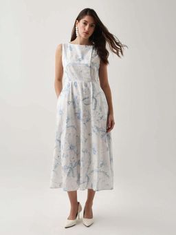 RAREISM - Women Cotton Blend Floral Printed Fit and Flare Dress- Off White