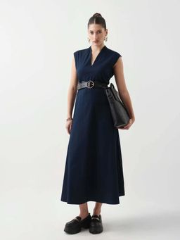 RAREISM - Women Cotton Blend Plain Fit and Flare Dress with Belt- Navy Blue