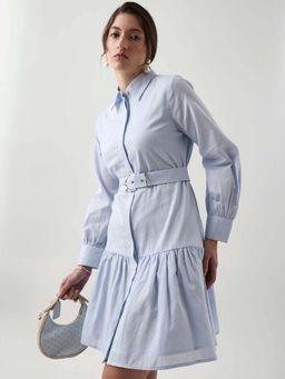 RAREISM - Women Cotton Solid A-Line Dress with Belt- Blue