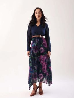 RAREISM - Women Polyester Printed Flared Dress with Belt- Navy Blue