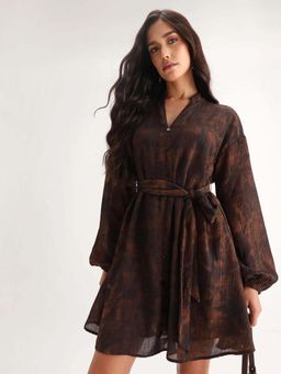 RAREISM - Women Polyester Printed Flared Dress with Belt- Brown