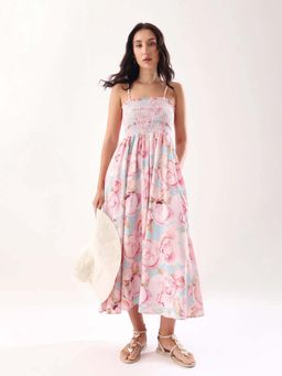 RAREISM - Women Polyester Floral Printed Fit and Flare Dress- Pink