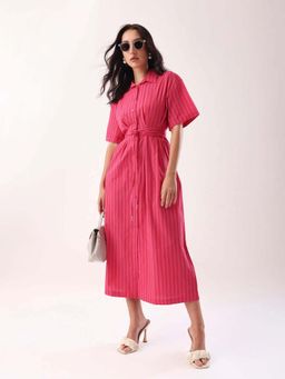 RAREISM - Women Polyester Striped A-Line Dress with Belt- Pink