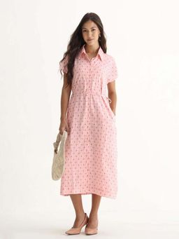 RAREISM - Women Cotton Printed A-Line Dress with Belt- Pink