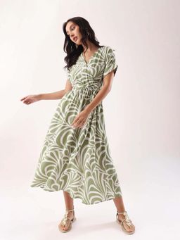 RAREISM - Women Polyester Printed Flared Wrap Dress- Olive