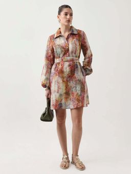 RAREISM - Women Polyester Printed A-Line Dress with Belt- Multi-Color