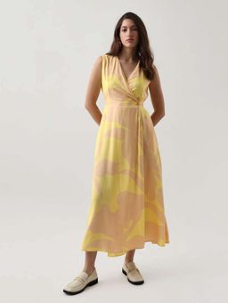 RAREISM - Women Viscose Printed A-Line Dress- Beige and Yellow